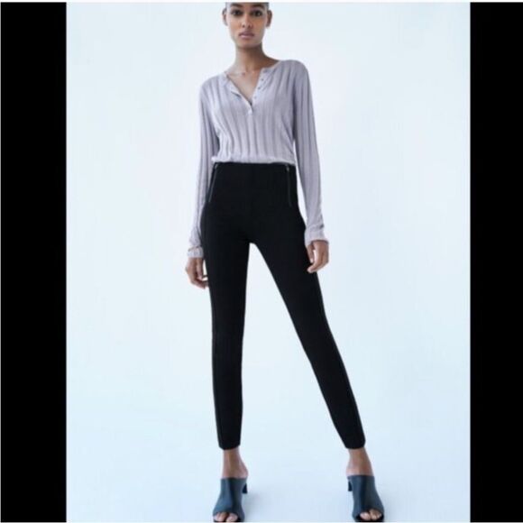 ZARA STRETCH BLACK ZIPPERED MID-RISE LEGGING PANT TROUSERS Sizes XS, 24” - Picture 3 of 12